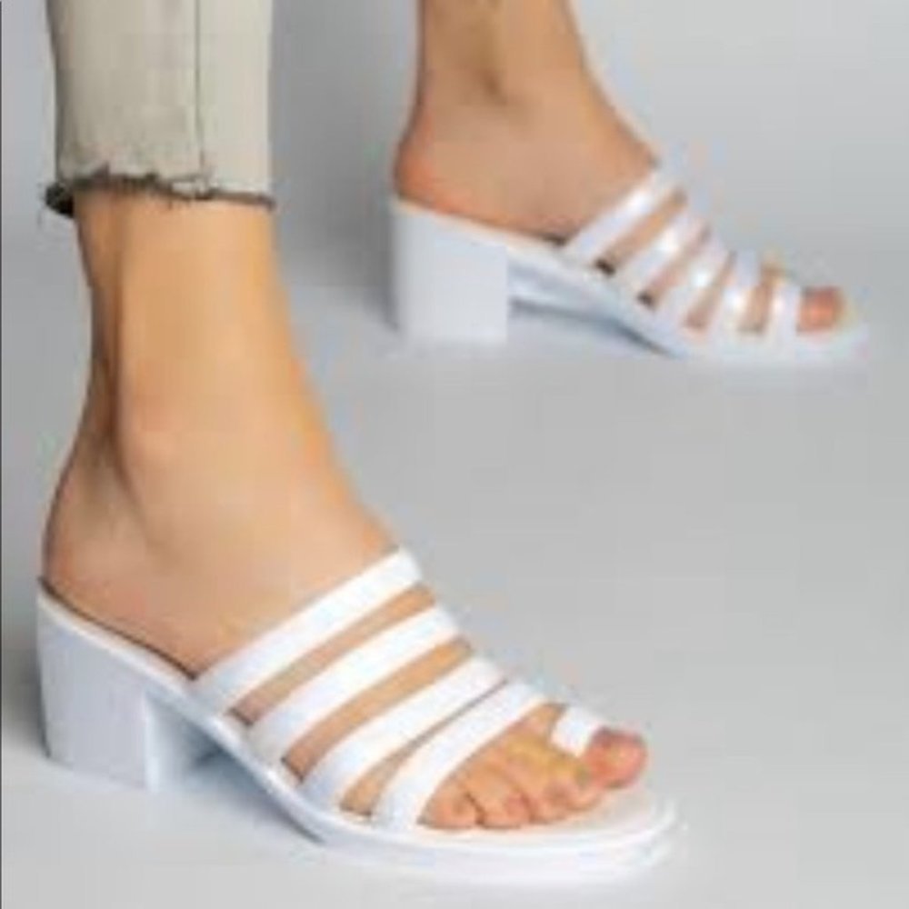 Jeffrey Campbell Womens 8 White Shiny Bubblegum Slip On Sandals Heels Platform